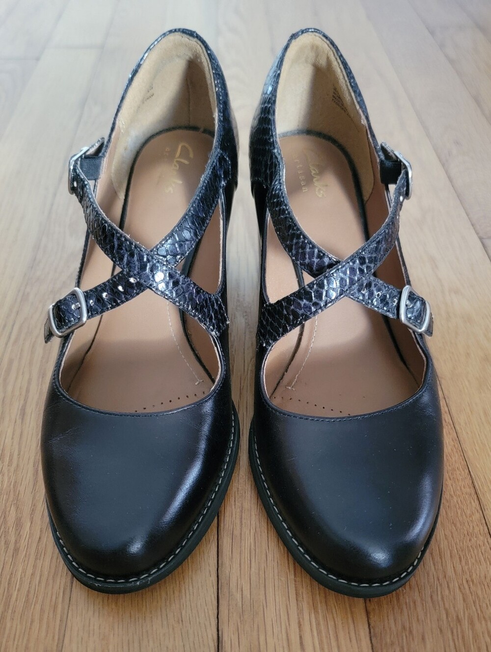 Clarks artisan black strappy chunky heels